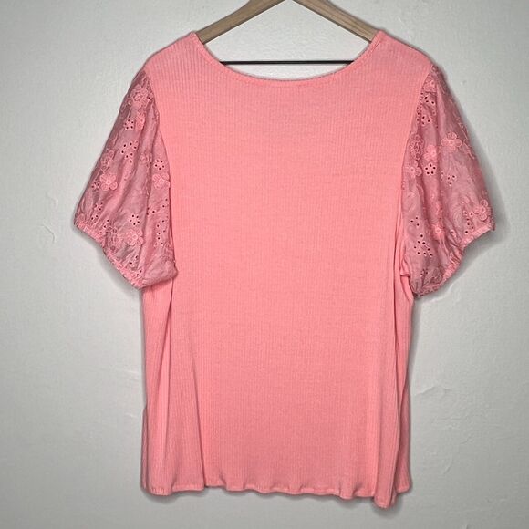 Rio & Rian Womens Blouse 3X Pink Floral Eyelet‎ Sleeve Stretch Casual Ribbed - Picture 2 of 8